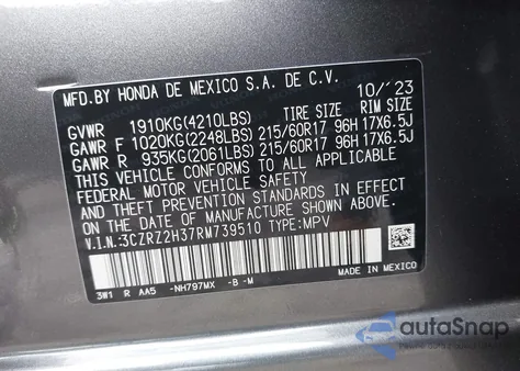 2024 Honda Hr-V Awd Lx z USA, uszkodzony, nr VIN 3CZRZ2H37RM739510